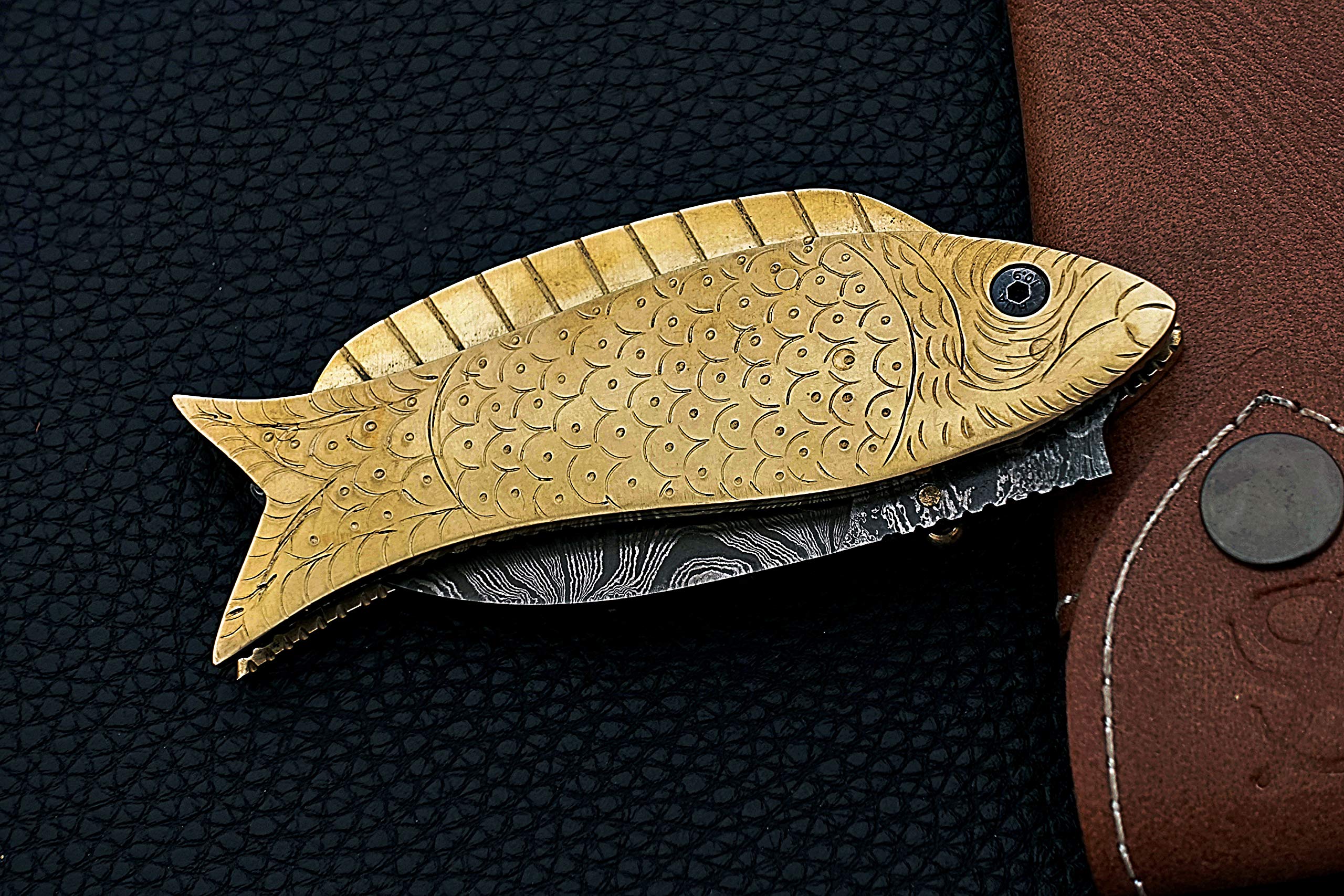 Smart & Sharp Custom Handmade Damascus Steel Fish Knife/Folding Knife/Pocket Knife SS-17370(Brass Engraved Handle) (brass)