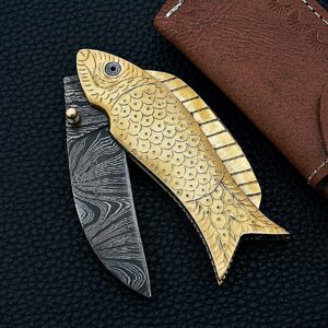 Smart & Sharp Custom Handmade Damascus Steel Fish Knife/Folding Knife/Pocket Knife SS-17370(Brass Engraved Handle) (brass)