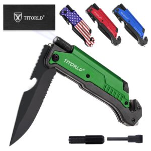 gifts for men dad him, anniversary birthday gifts for him, engraved pocket knife, unique camping hiking fishing present, 7 in 1 multitool folding knives with led light fire starter(green)