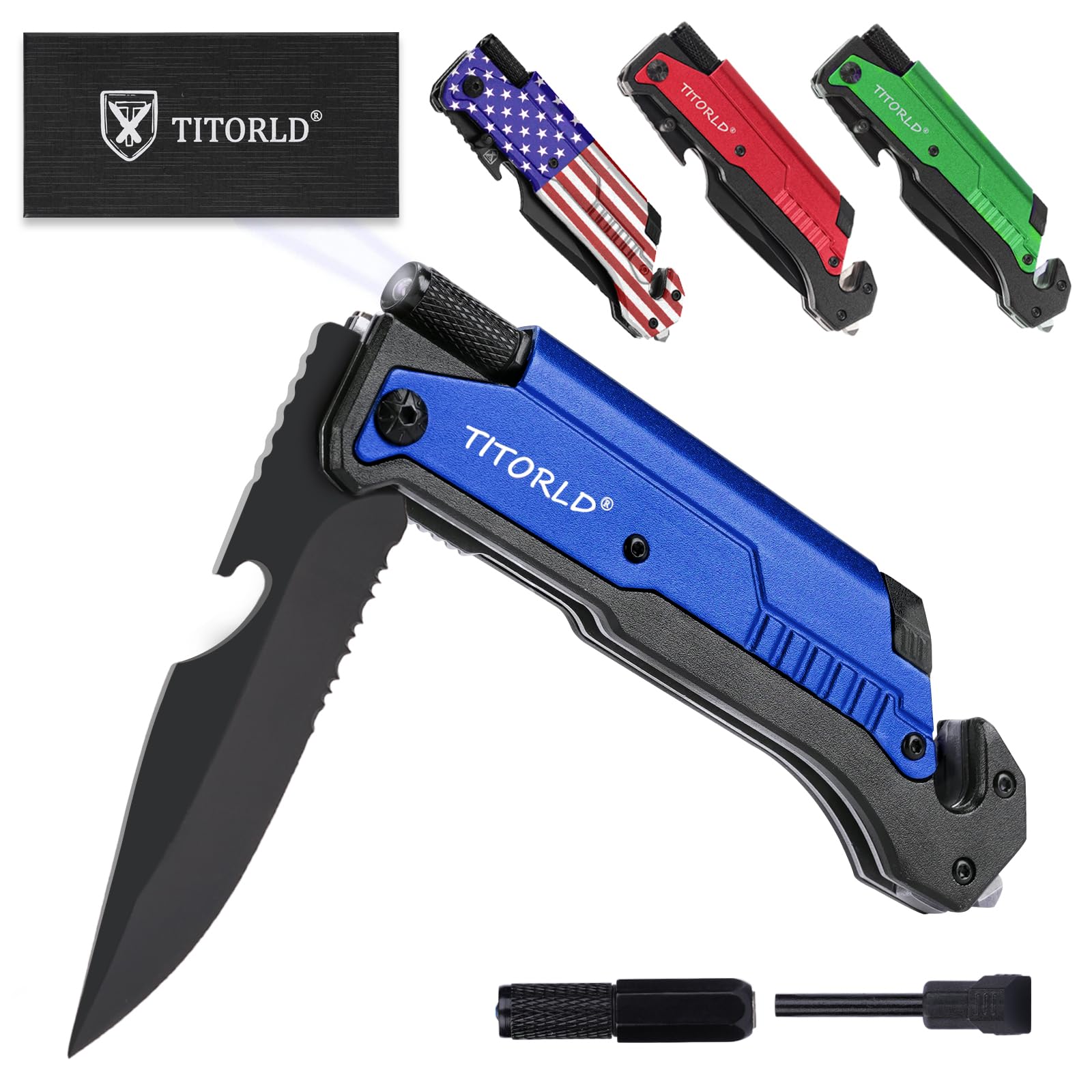 Gifts for Men Dad Him, Anniversary Birthday Gifts for Him, Engraved Pocket Knife, Unique Camping Hiking Fishing Present, 7 in 1 Multitool Folding Knives with LED Light Fire Starter(Blue)