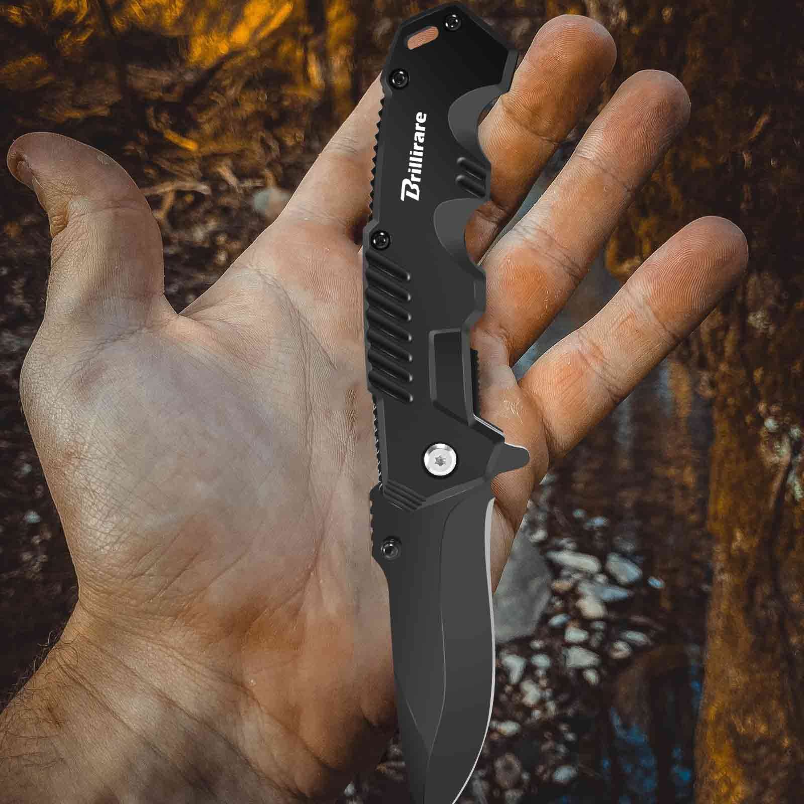 BRILLIRARE Pocket Knife, Folding Tactical Knives Blade 2.6in, Foldable Survival Small Knife with Clip, Button Lock & Glass Breaker, Everyday Carry EDC Knife for Hunting Camping Hiking