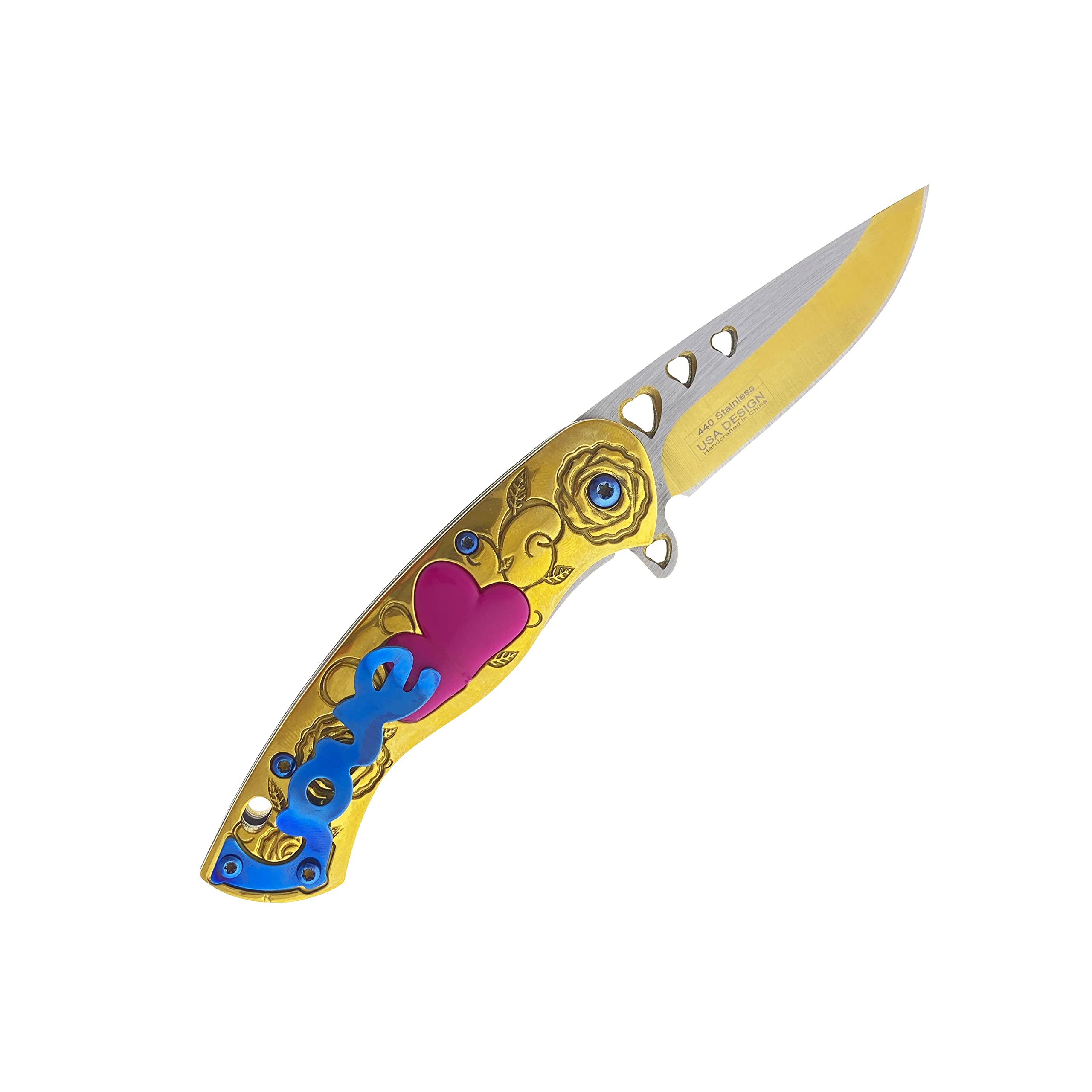 Falcon 7" Heart Rose Engraving Handle Cupid Heart Pocket Knife With LOVE Belt Clip 440 Stainless Steel Drop Point Blade