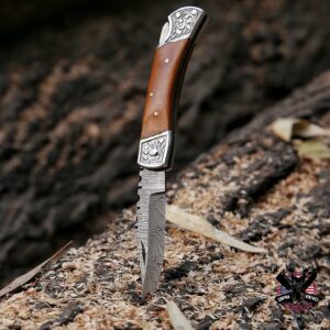 Capra Knives CK-52 Handcrafted Folding Engraved Brass Pocket Knife 4” Folded, 7.25” Long Overall, 4.5oz Olive Wood Handle, Damascus Blade with Leather Sheath