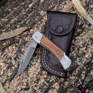 Capra Knives CK-52 Handcrafted Folding Engraved Brass Pocket Knife 4” Folded, 7.25” Long Overall, 4.5oz Olive Wood Handle, Damascus Blade with Leather Sheath