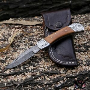 Capra Knives CK-52 Handcrafted Folding Engraved Brass Pocket Knife 4” Folded, 7.25” Long Overall, 4.5oz Olive Wood Handle, Damascus Blade with Leather Sheath