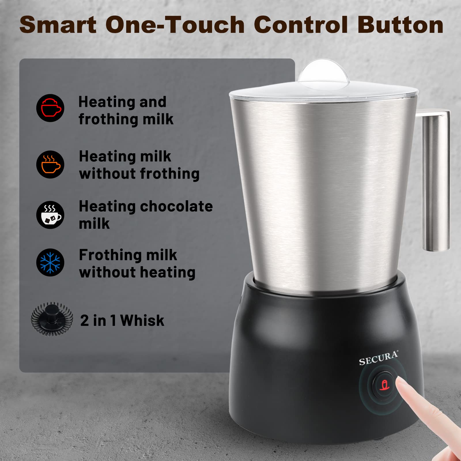 Secura Detachable Milk Frother, 17oz Electric Milk Steamer Stainless Steel, Automatic Hot/Cold Foam and Hot Chocolate Maker with 2 in 1 Function Whisks (Upgraded)