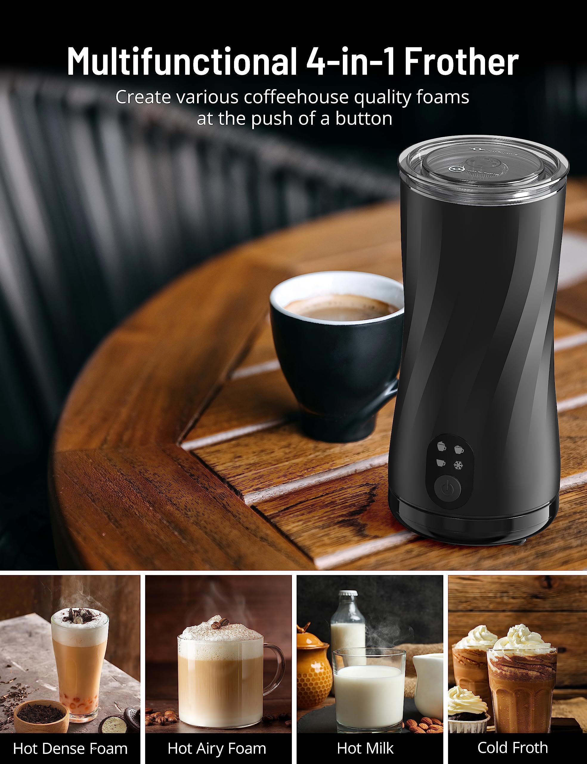 Milk Frother, Symdral 4-in-1 Milk Frother and Steamer, Automatic Hot and Cold Foam Maker & Milk Heater, with Auto Shut-Off, Silent Operation, Frother for Coffee, Latte, Cappuccino, Macchiato (Black)