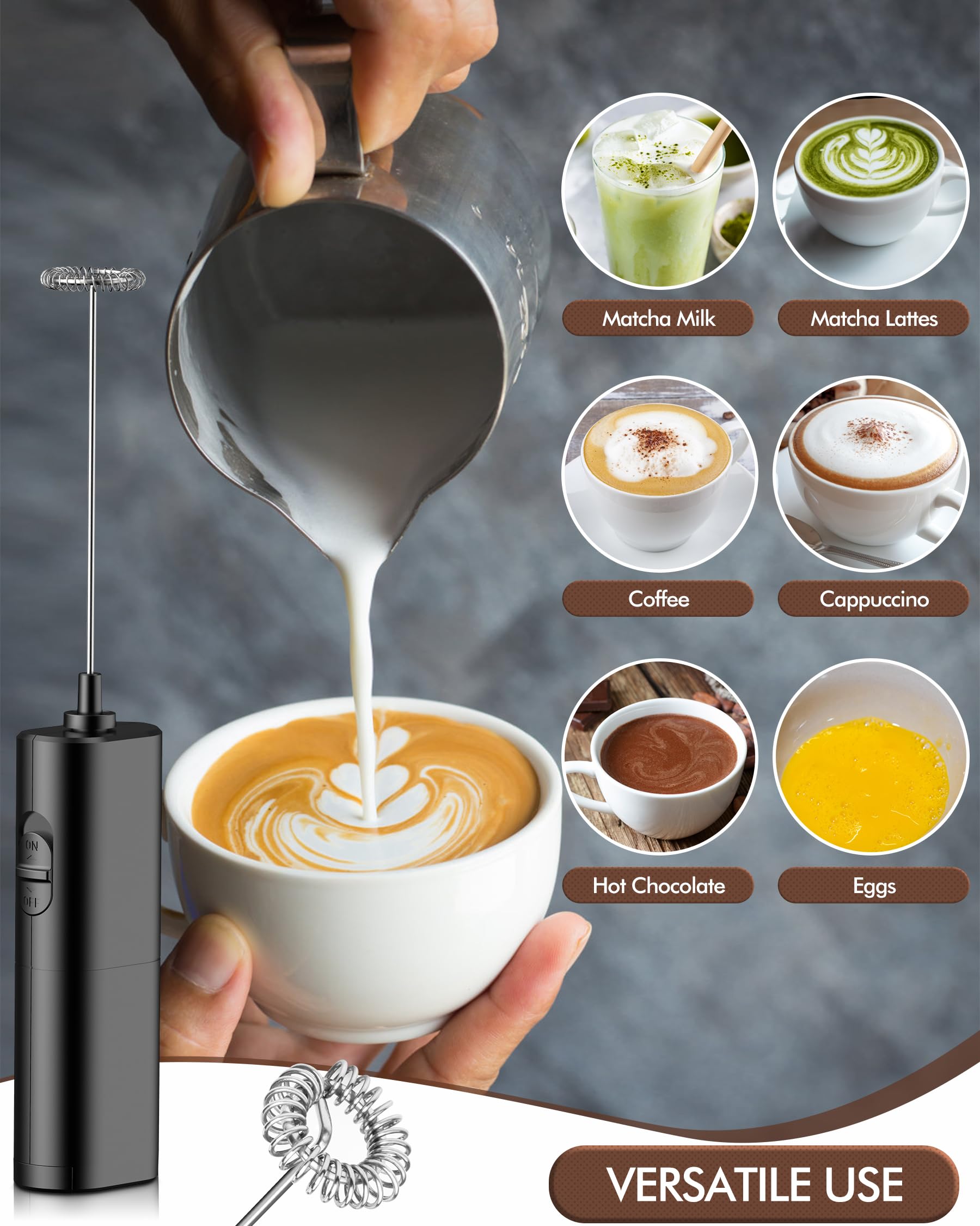 Homradise Electric Milk Frother Handheld, Coffee Frother Battery Operated Foam Maker Frother for Coffee, Frappe, Latte, Matcha, Protein Powder-Black