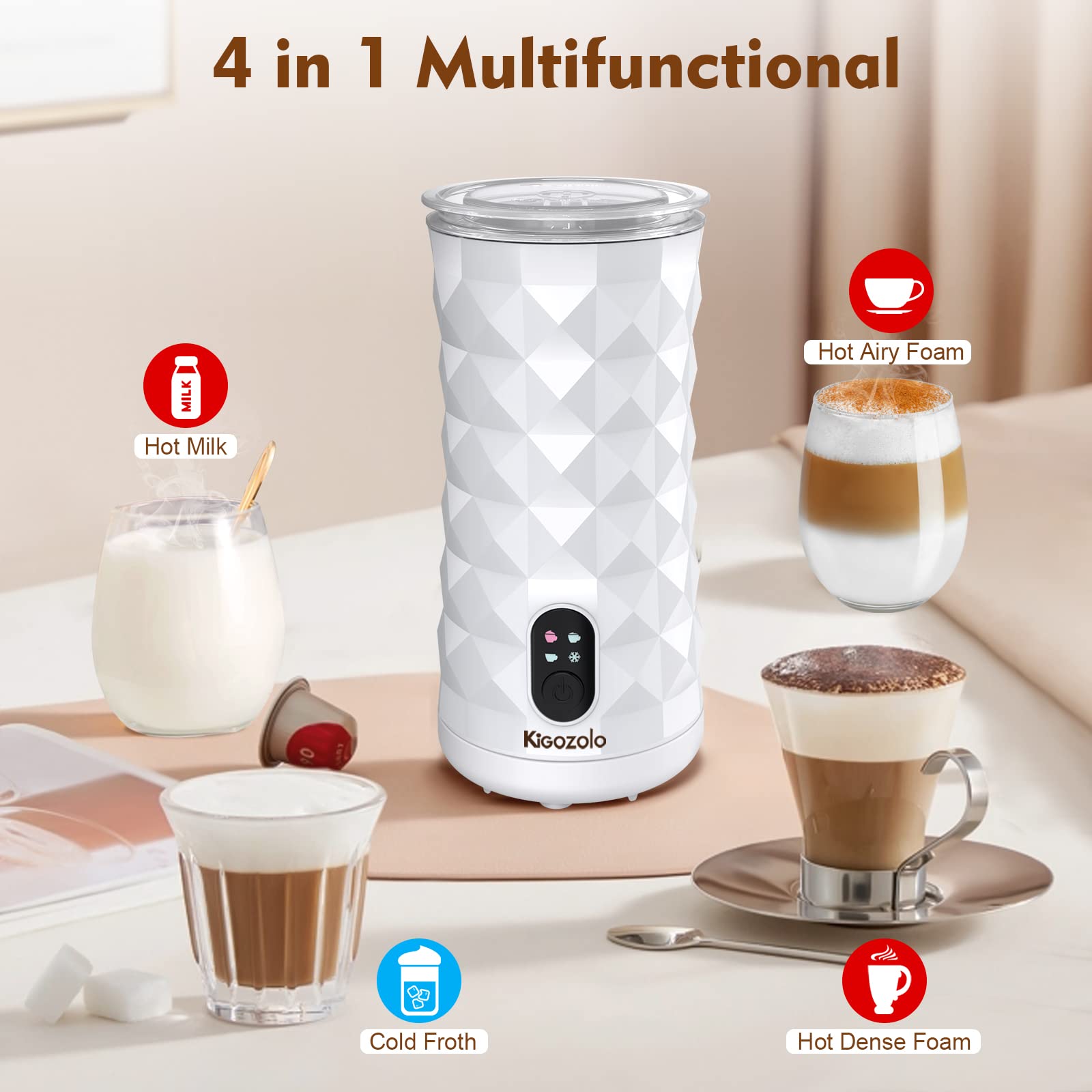 KIGOZOLO Milk Frother Steamer 4 in 1 Electric Coffee Frother with Quiet Operation,Effortless Foam,Unique Diamond Design,Temperature Control, and Auto Shut-Off, Perfect for Coffee Lovers(White)