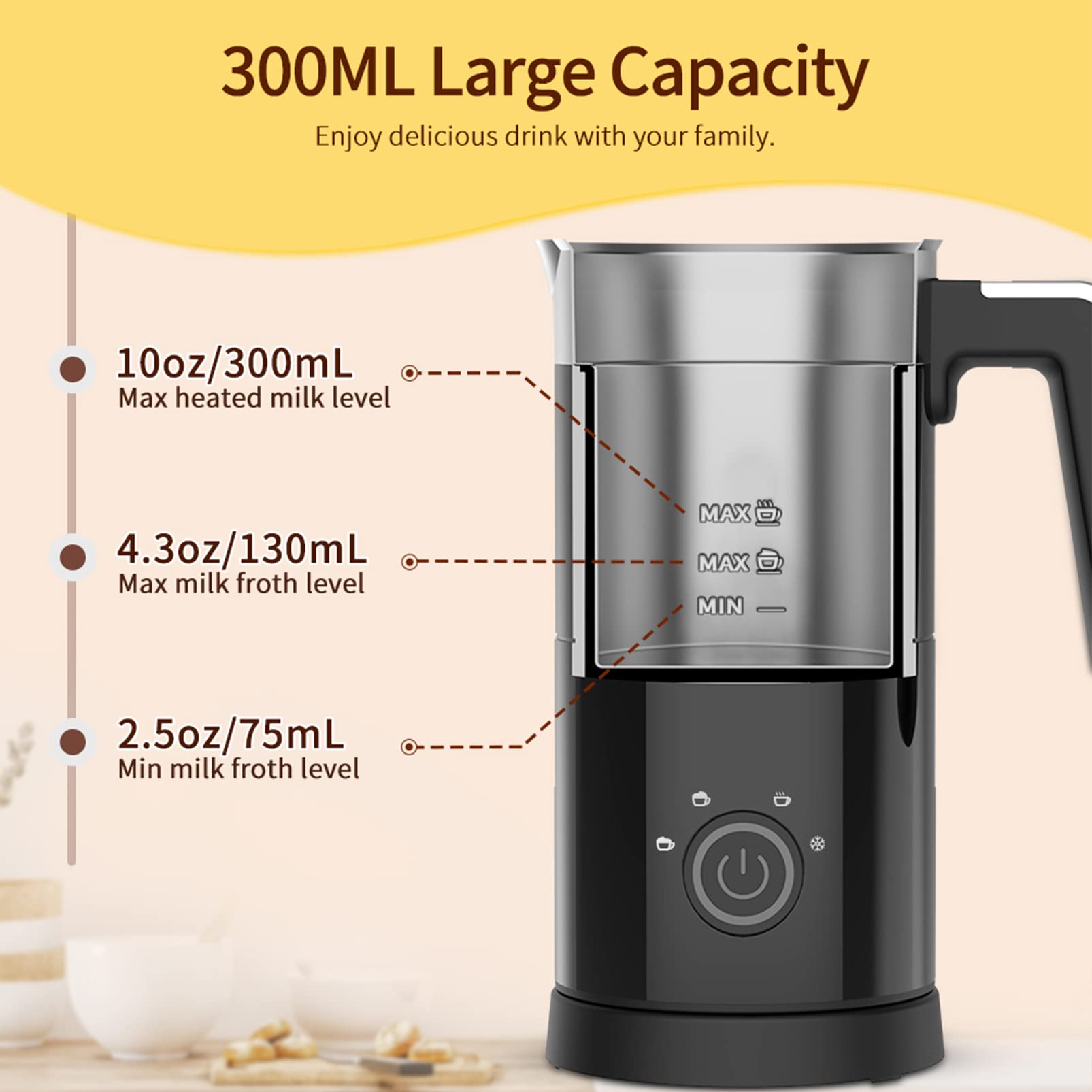 4 in 1 Electric Milk Frother: 10oz/350 mL Large Capacity Electric Milk Steamer for Hot and Cold Milk Froth - Automatic Milk Frother & Warmer for Latte, Cappuccinos, Macchiato, Hot Chocolate