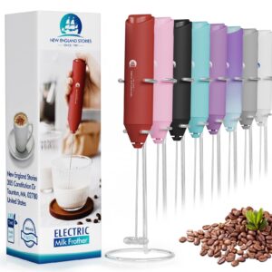 powerful milk frother handheld foam maker, mini whisk drink mixer for coffee, cappuccino, latte, matcha, hot chocolate, with stand, red