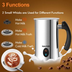 NAUTOR Milk Frother, Electric Milk Frother with Hot or Cold Functionality, Foam Maker, Silver Stainless Steel, Automatic Milk Frother and Warmer for Coffee, Cappuccino and Matcha