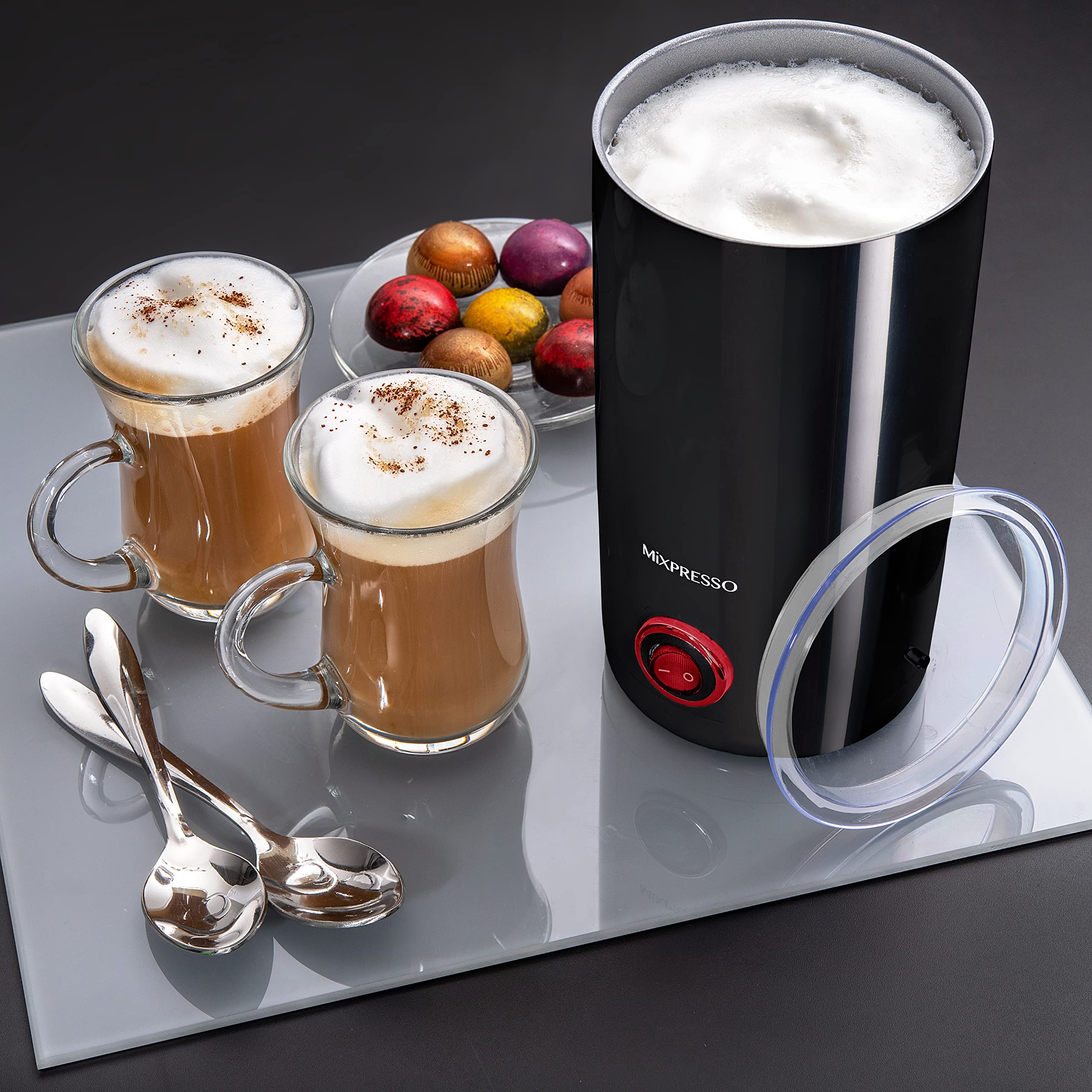 Mixpresso Electric Milk Frother, Latte Art Steamer, Electric Cappuccino Machine And Milk Warmer, Hot Foam Maker and Milk Warmer for Latte, Cappuccinos, Macchiato, Hot Chocolate Milk (Black)