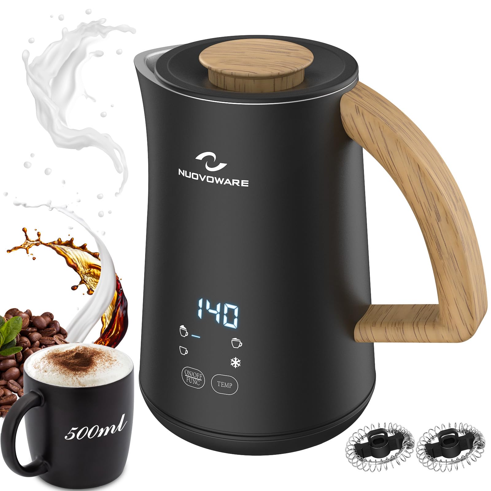 Nuovoware 4-in-1 Milk Frother and Steamer with Temperature Control Display Screen, Electric Automatic Frother for Hot Chocolate Milk, Cappuccinos, Latte, Macchiato, Black