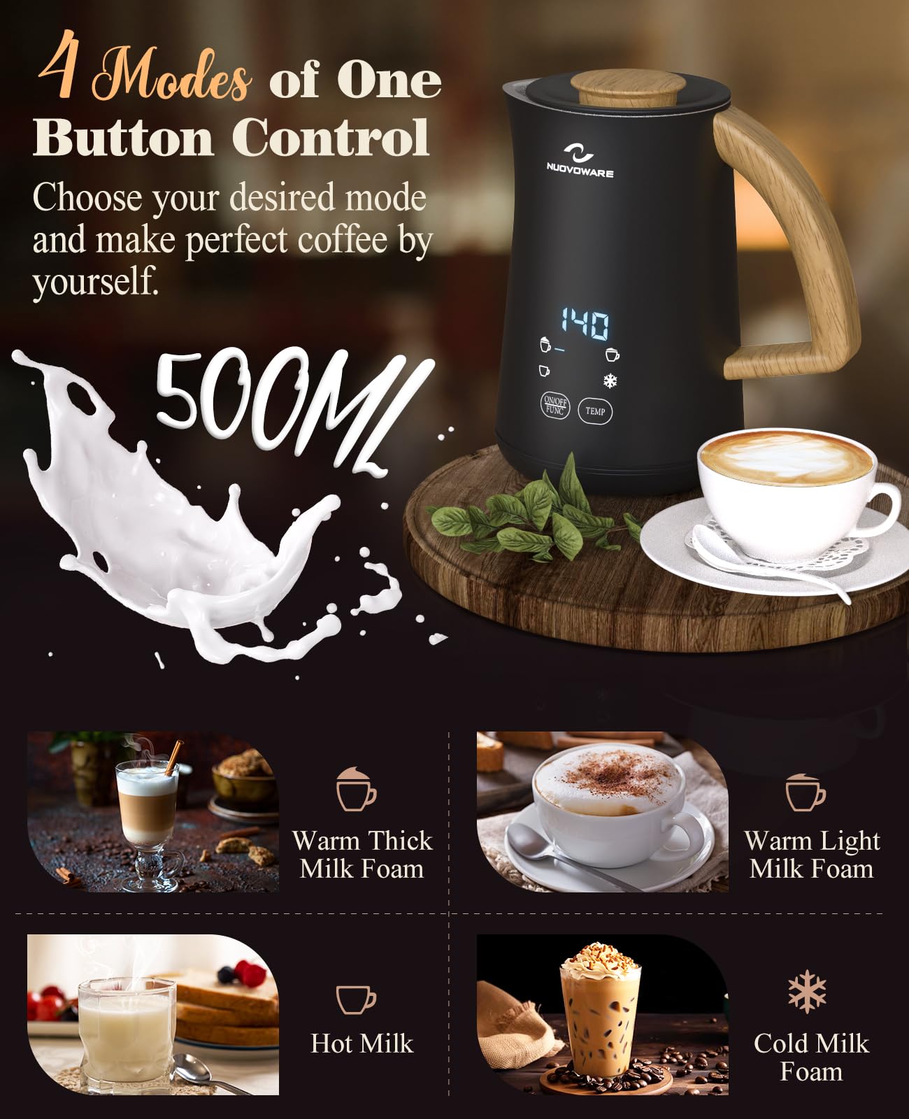 Nuovoware 4-in-1 Milk Frother and Steamer with Temperature Control Display Screen, Electric Automatic Frother for Hot Chocolate Milk, Cappuccinos, Latte, Macchiato, Black