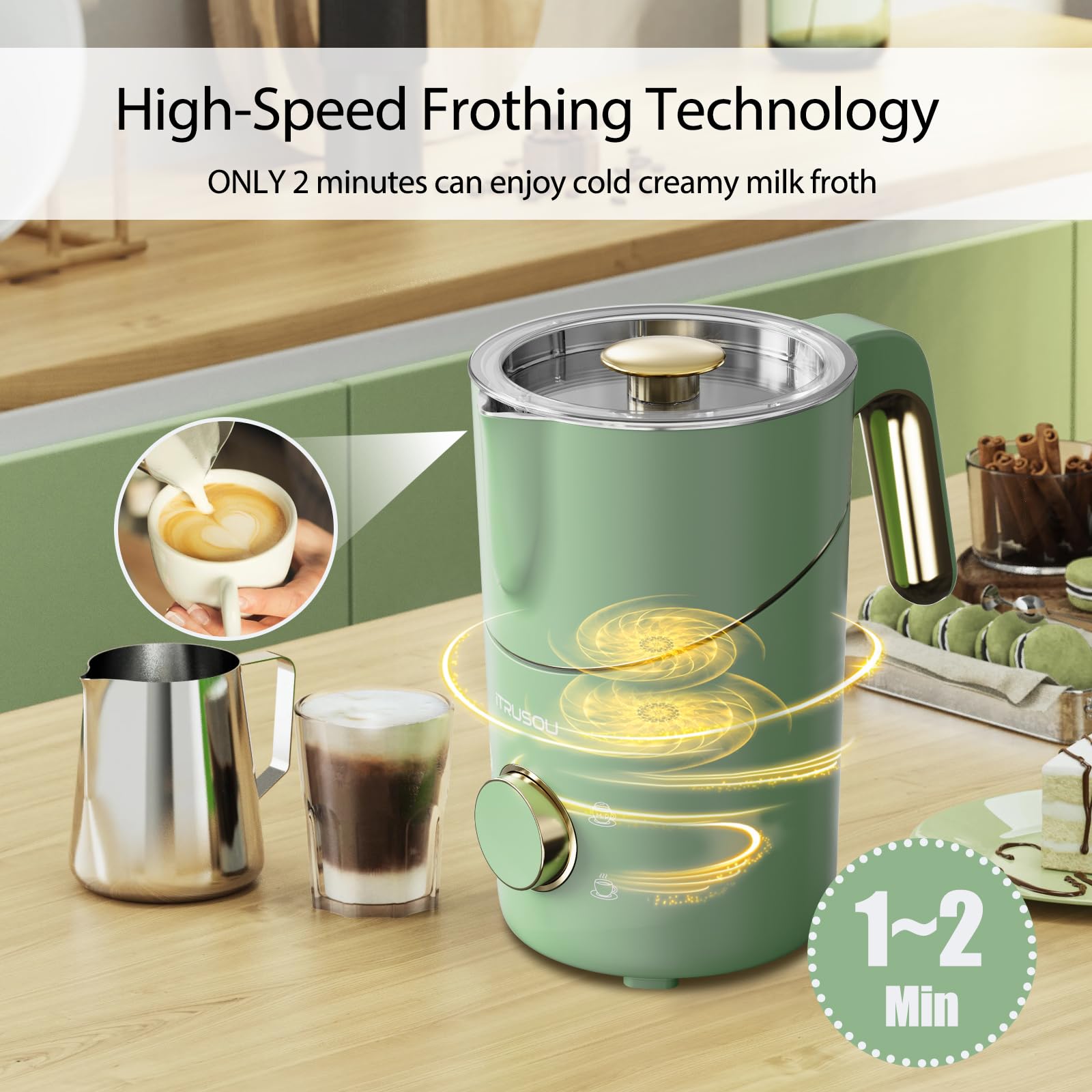 Milk Frother - iTRUSOU Electric Milk Steamer Frother, Hot Cold Milk Warmer Frothers Steamer Foam Maker (Cyan + Gold)…