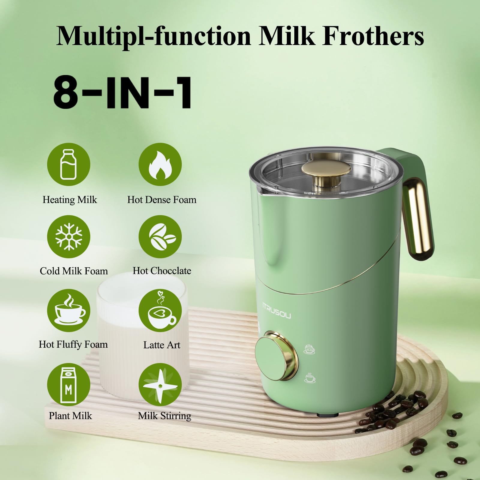 Milk Frother - iTRUSOU Electric Milk Steamer Frother, Hot Cold Milk Warmer Frothers Steamer Foam Maker (Cyan + Gold)…