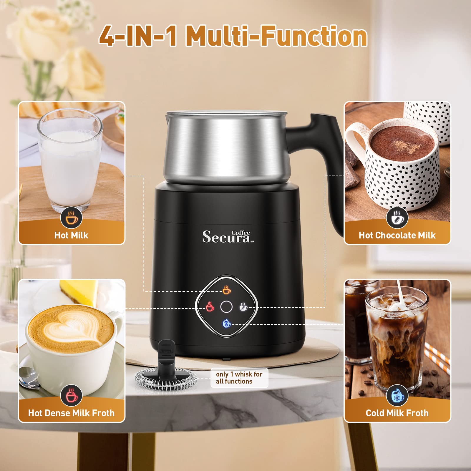 Secura Coffee Milk Frother, 4-in-1 Electric Milk Steamer and Frother with Detachable Stainless Steel Jug - Automatic Hot/Cold Milk Warmer for Lattes, Hot Chocolate - Induction Heating, Dishwasher Safe