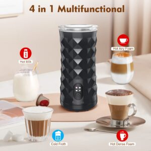 KIGOZOLO Milk Frother Steamer 4 in 1 Electric Coffee Frother with Quiet Operation,Effortless Foam,Unique Diamond Design,Temperature Control, and Auto Shut-Off, Perfect for Coffee Lovers(Black)