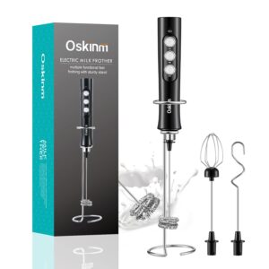 oskinm milk frother handheld with 3 stainless steel whisks, usb rechargeable electric foam maker, drink mixer with 3 speeds for coffee, bulletproof coffee, latte, matcha