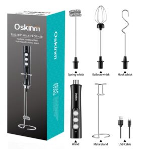 Oskinm Milk Frother Handheld with 3 Stainless Steel Whisks, USB Rechargeable Electric Foam Maker, Drink Mixer with 3 Speeds for Coffee, Bulletproof Coffee, Latte, Matcha