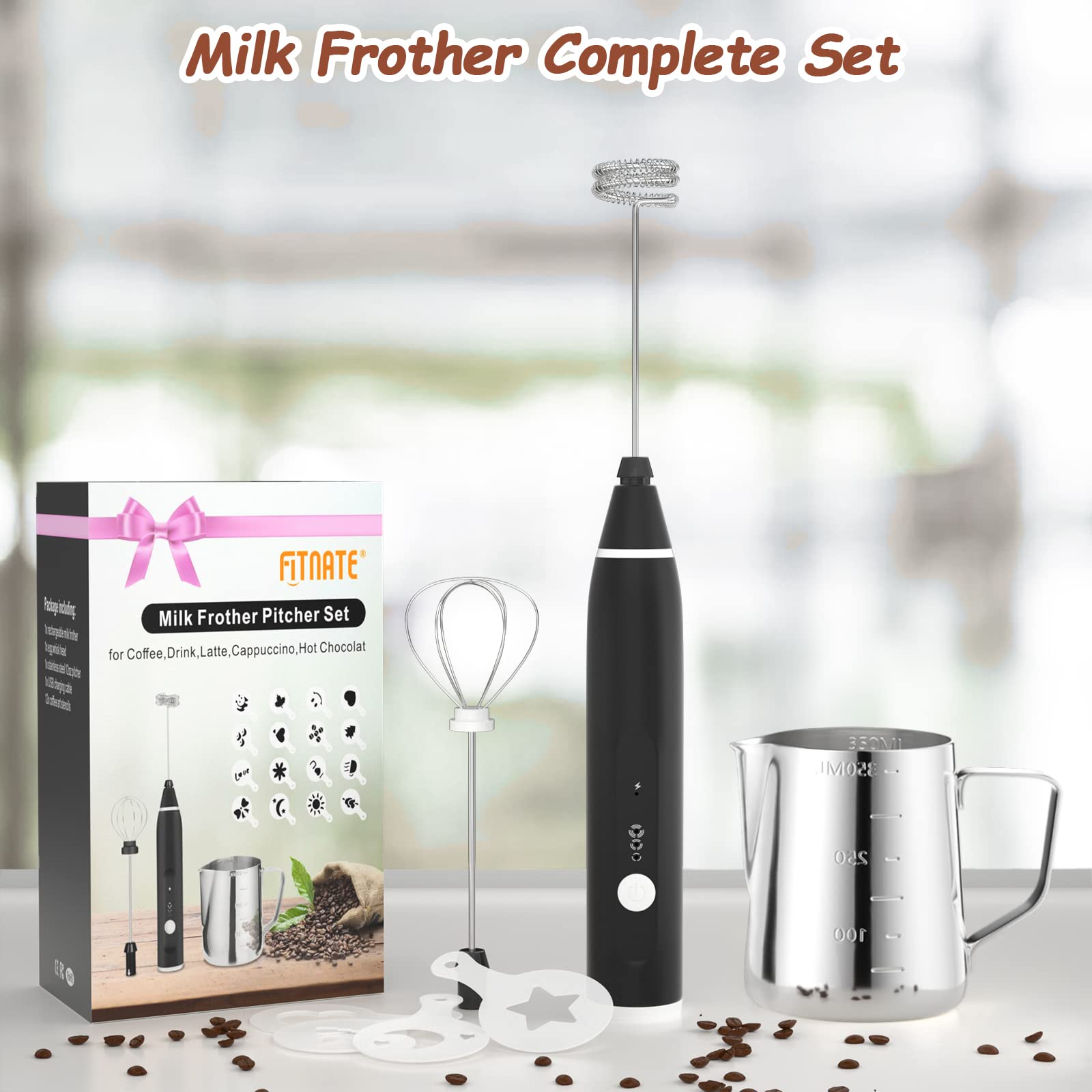 Milk Frother Handheld, FITNATE Rechargeable Electric Foam Maker Drink Mixer 3 Speeds with 2 Stainless Steel Whisks, Frother for Coffee, Hot Chocolate, Latte, Cappuccino,Includes Frother Cup