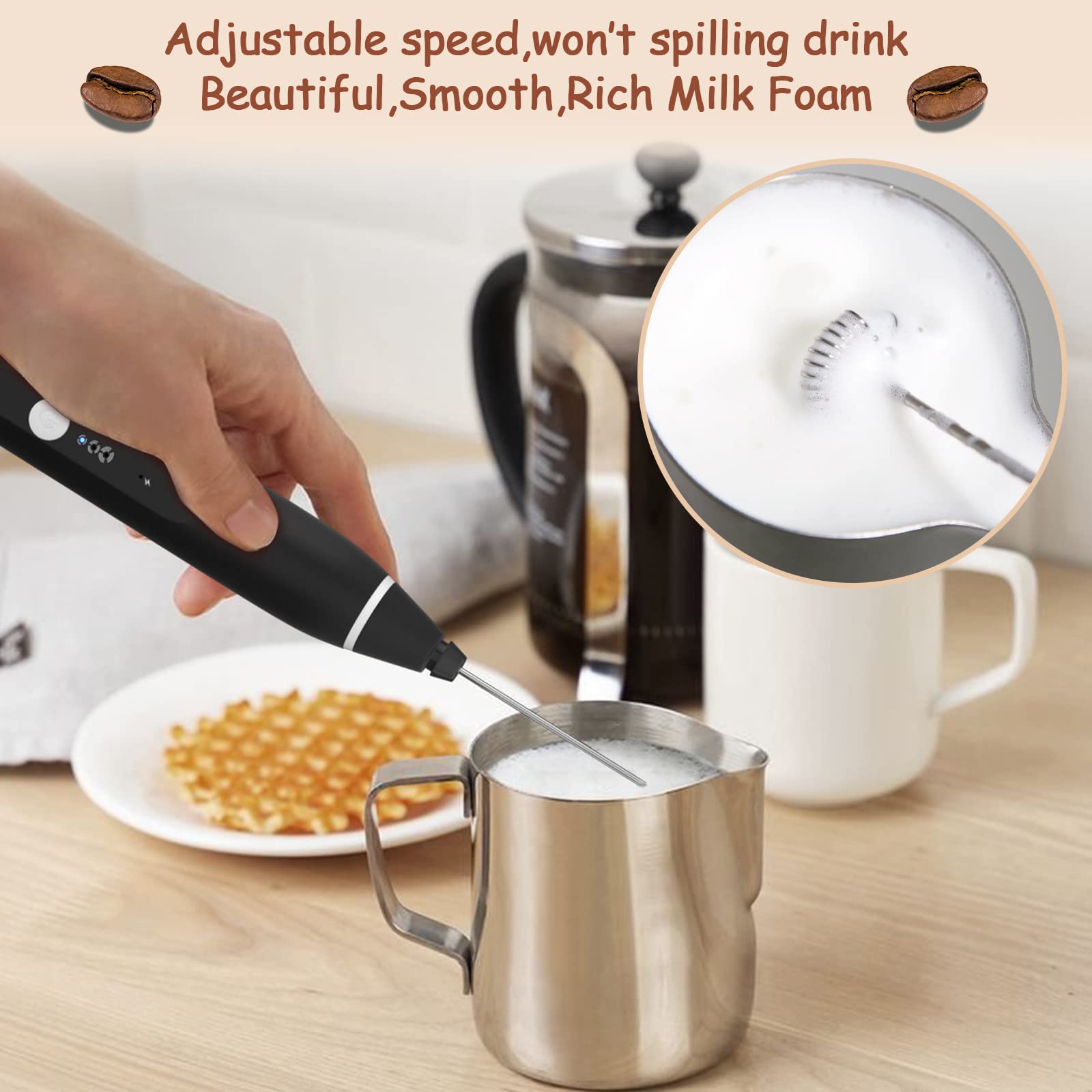 Milk Frother Handheld, FITNATE Rechargeable Electric Foam Maker Drink Mixer 3 Speeds with 2 Stainless Steel Whisks, Frother for Coffee, Hot Chocolate, Latte, Cappuccino,Includes Frother Cup