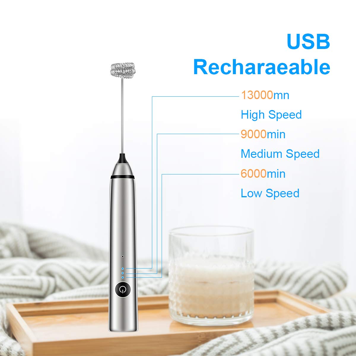 Fivtyily Milk Frother Handheld Rechargeable Electric Foam Maker, Drink Mixer with Stainless Steel Whisk and Stand for Cappuccino, Bulletproof Coffee, Latte