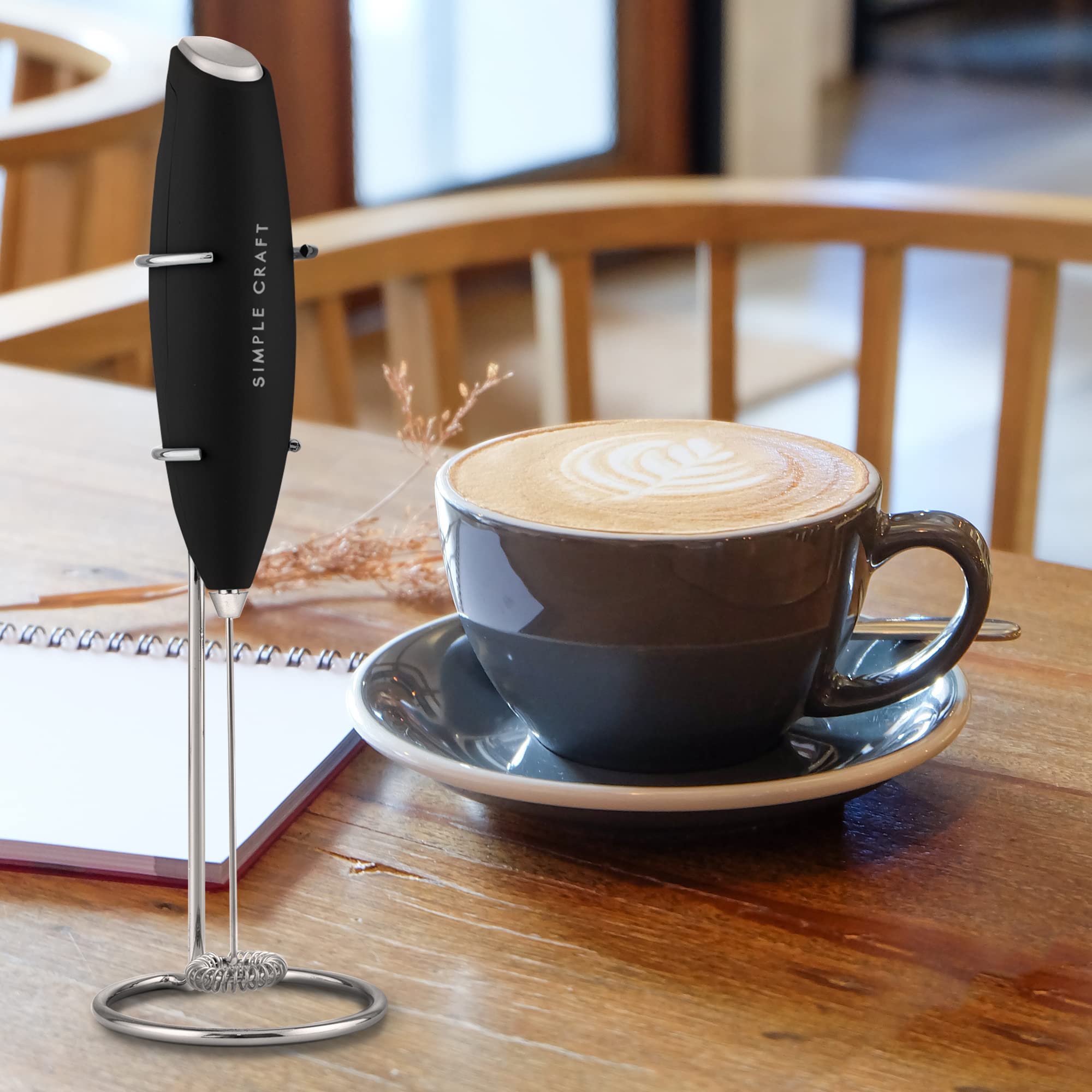 Simple Craft Milk Frother Handheld Drink Mixer - Mini Coffee Frother Electric Handheld Foamer With Stainless Steel Whisk & Stand - Portable Frother Electric Whisk For Coffee, Latte, Matcha (Black)