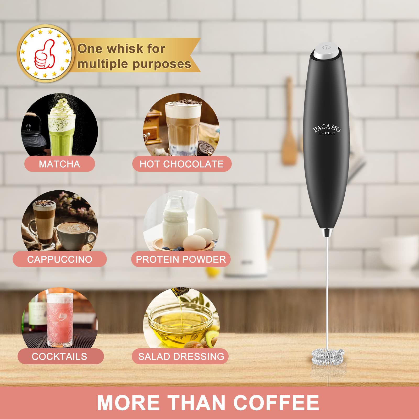 PACAHO Powerful Milk Frother with Double Whisk, Handheld Electric Foam Maker, Hand Mixer Wand, Portable Mini Blender Foamer Stirrer for Coffee, Latte, Matcha,Hot Chocolate