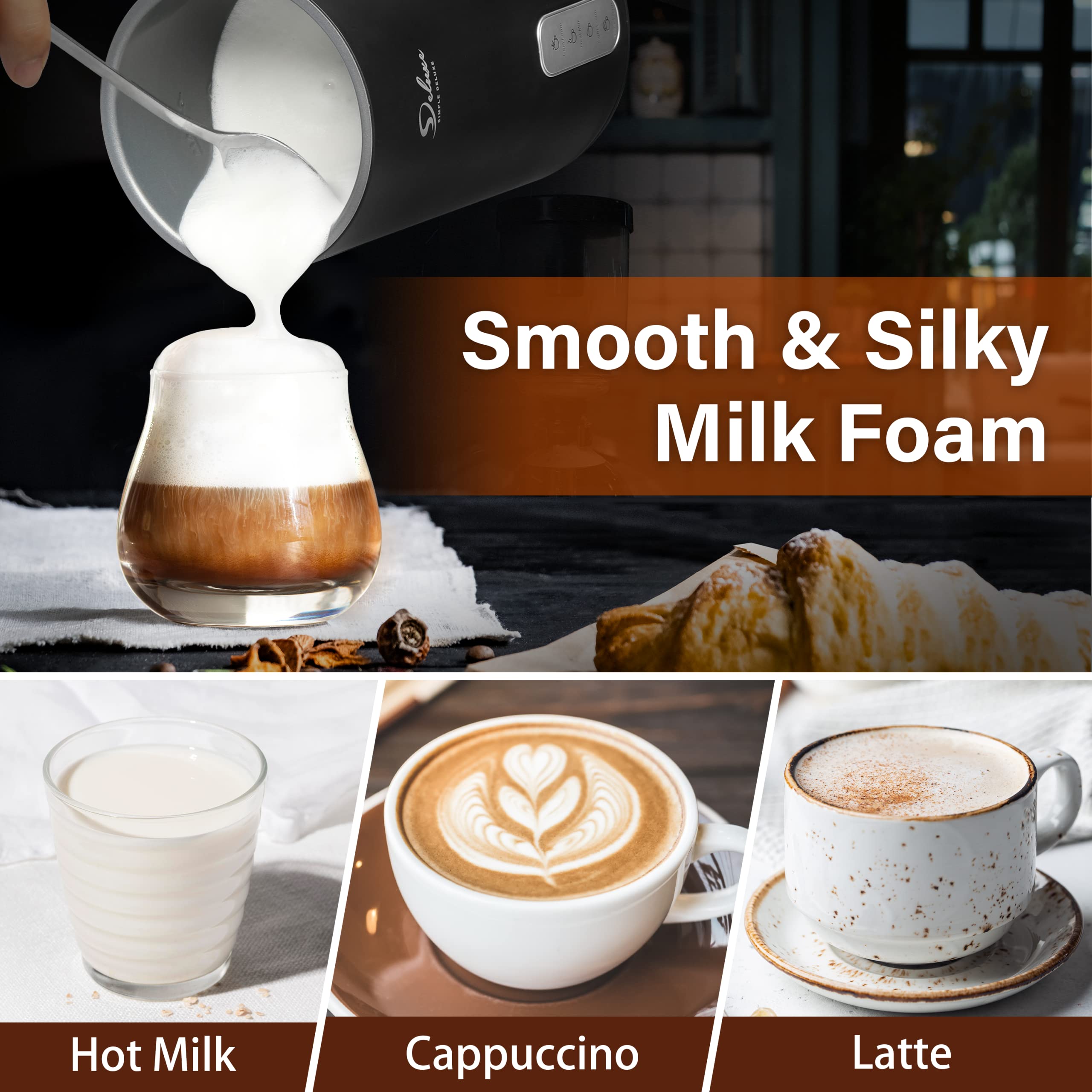 Simple Deluxe Automatic Milk Frother, 4-in-1 Electric Milk Steamer, 250ml/8.4oz Hot and Cold Milk Foam Maker and Milk Warmer for Latte, Macchiato, Cappuccinos, Classic Black