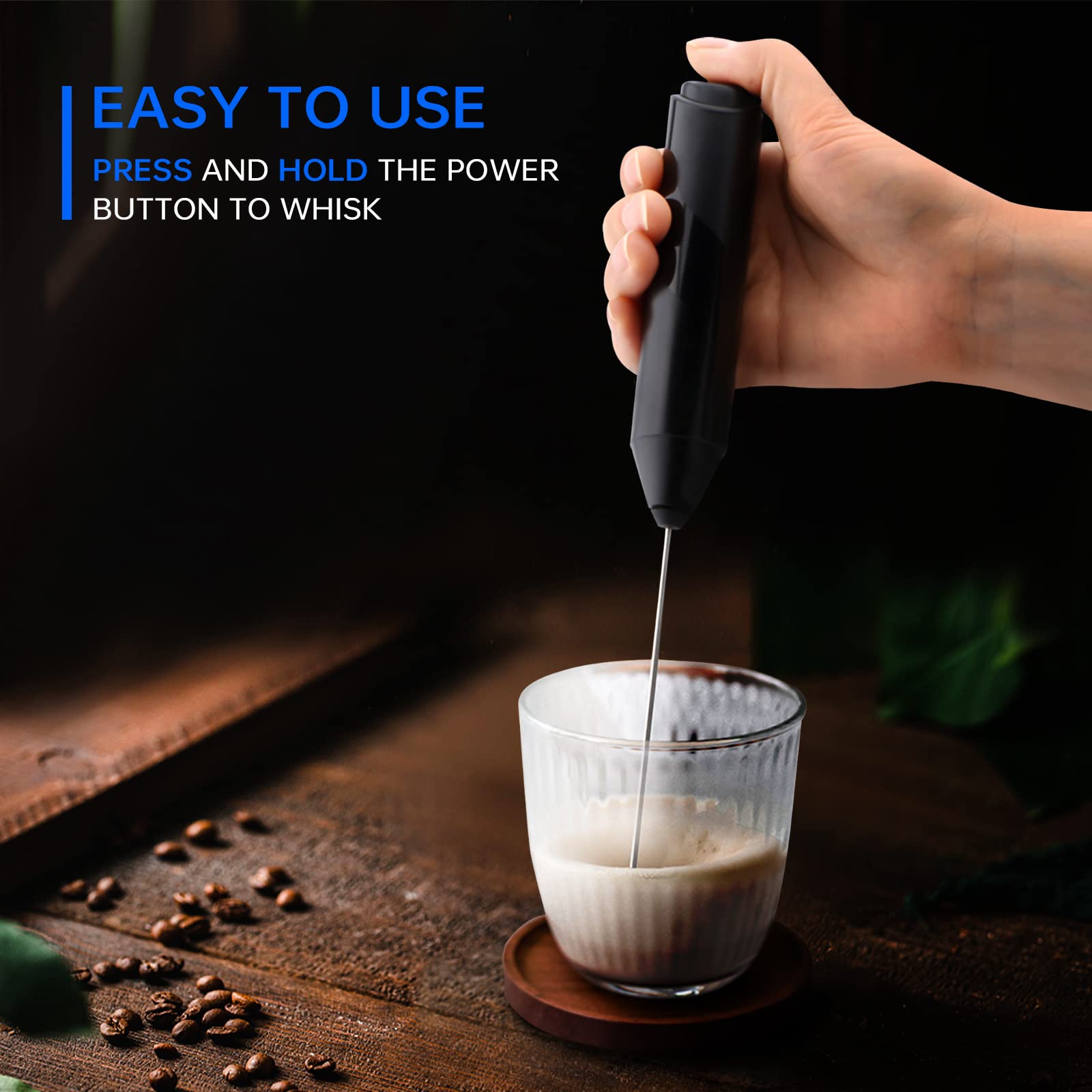 Milk Frother for Coffee Whisk Electric Milk Frother with Stainless Steel Holder, Durable Mini Mixer Electric Handheld, Milk Frother with Whisk for Coffee Rapid Foaming,Gifts for Coffee Lover, Black