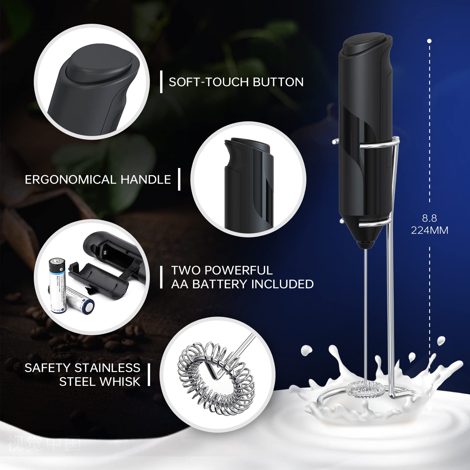 Milk Frother for Coffee Whisk Electric Milk Frother with Stainless Steel Holder, Durable Mini Mixer Electric Handheld, Milk Frother with Whisk for Coffee Rapid Foaming,Gifts for Coffee Lover, Black