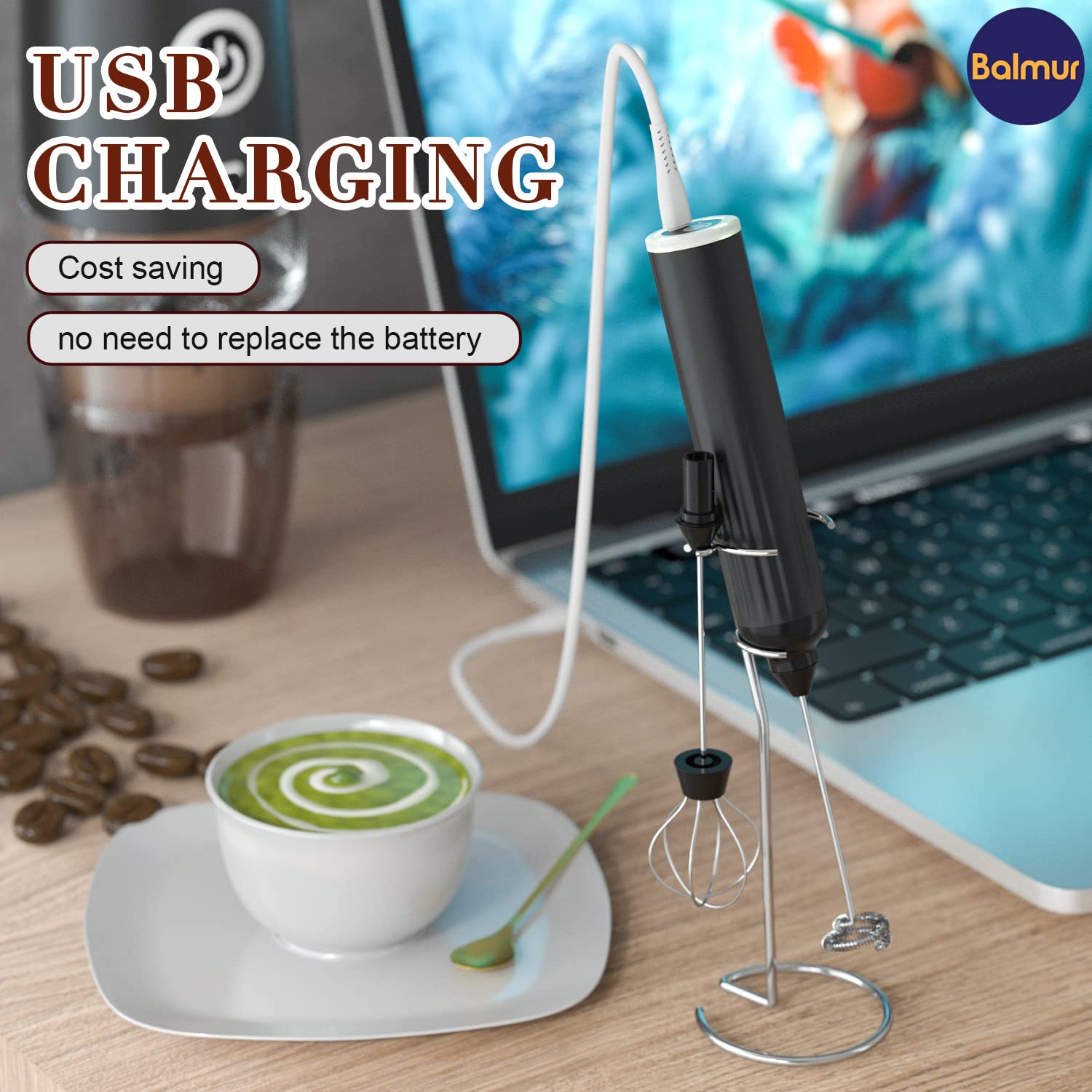 Balmur Milk Frother Handheld USB Rechargeable Battery-Operated with Stainless Steel Stand, 2 Whisks, 3-Speed Mini Foam Maker for Nespresso Coffee Matcha Latte Cappuccino, Black