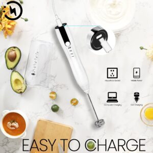 Handheld Milk Frother USB-C Rechargeable Electric Whisk Drink Foam Mixer with 3 Heads, 3 Speeds Adjustable White Mini Coffee Frother for Latte, Cappuccino, Hot Chocolate, Egg, Matcha