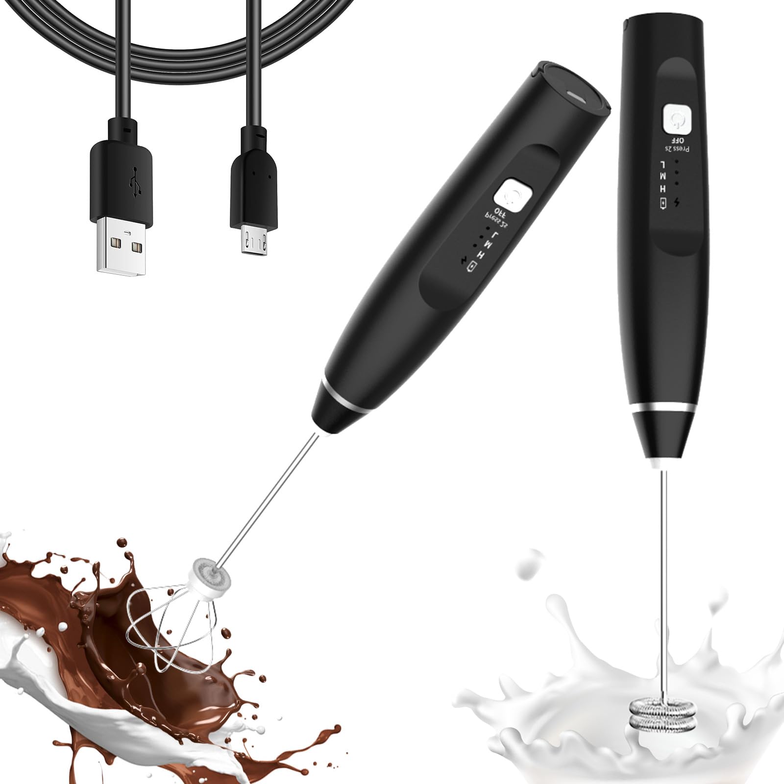 Milk Frother Handheld Rechargeable Frother for Coffee Milk Foamer with Stainless Steel Whisk and Hook, Electric Whisk Drink Mixer for Coffee, Frappe, Lattes, Cappuccino and Hot Chocolate Eggs