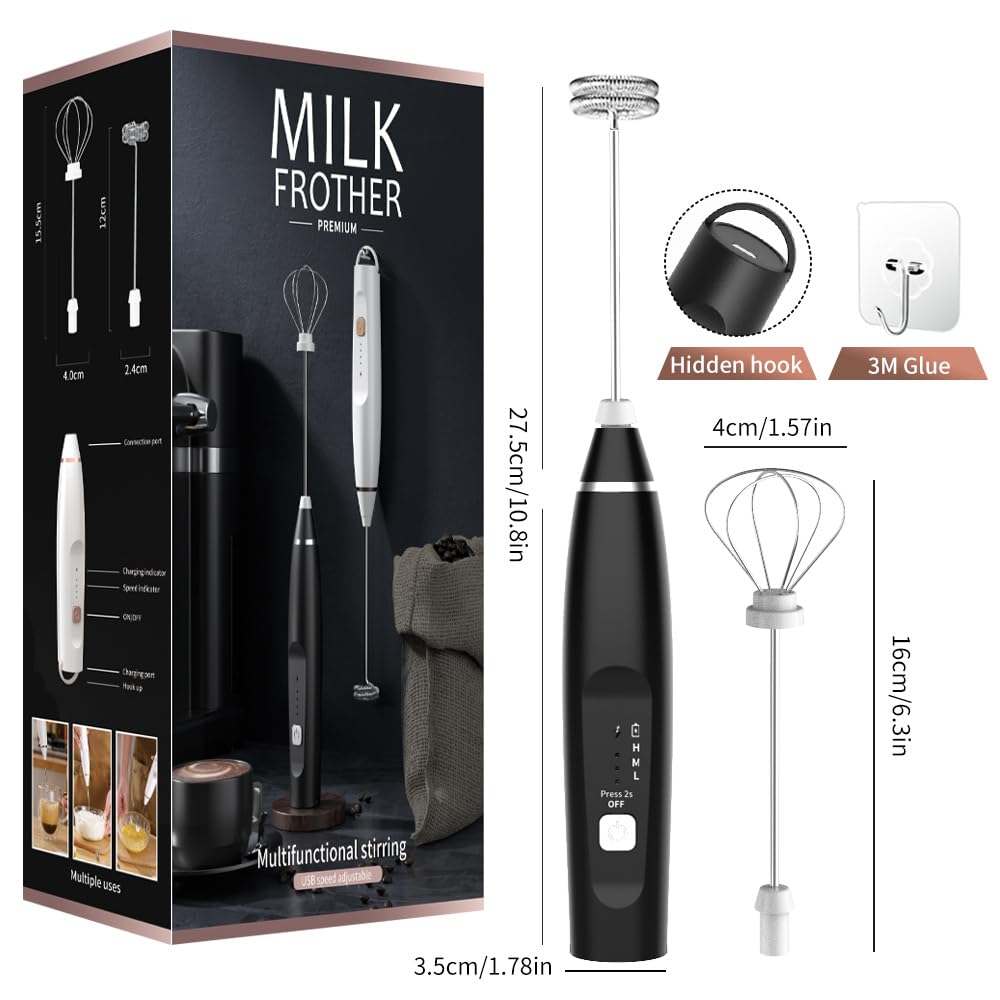 Milk Frother Handheld Rechargeable Frother for Coffee Milk Foamer with Stainless Steel Whisk and Hook, Electric Whisk Drink Mixer for Coffee, Frappe, Lattes, Cappuccino and Hot Chocolate Eggs