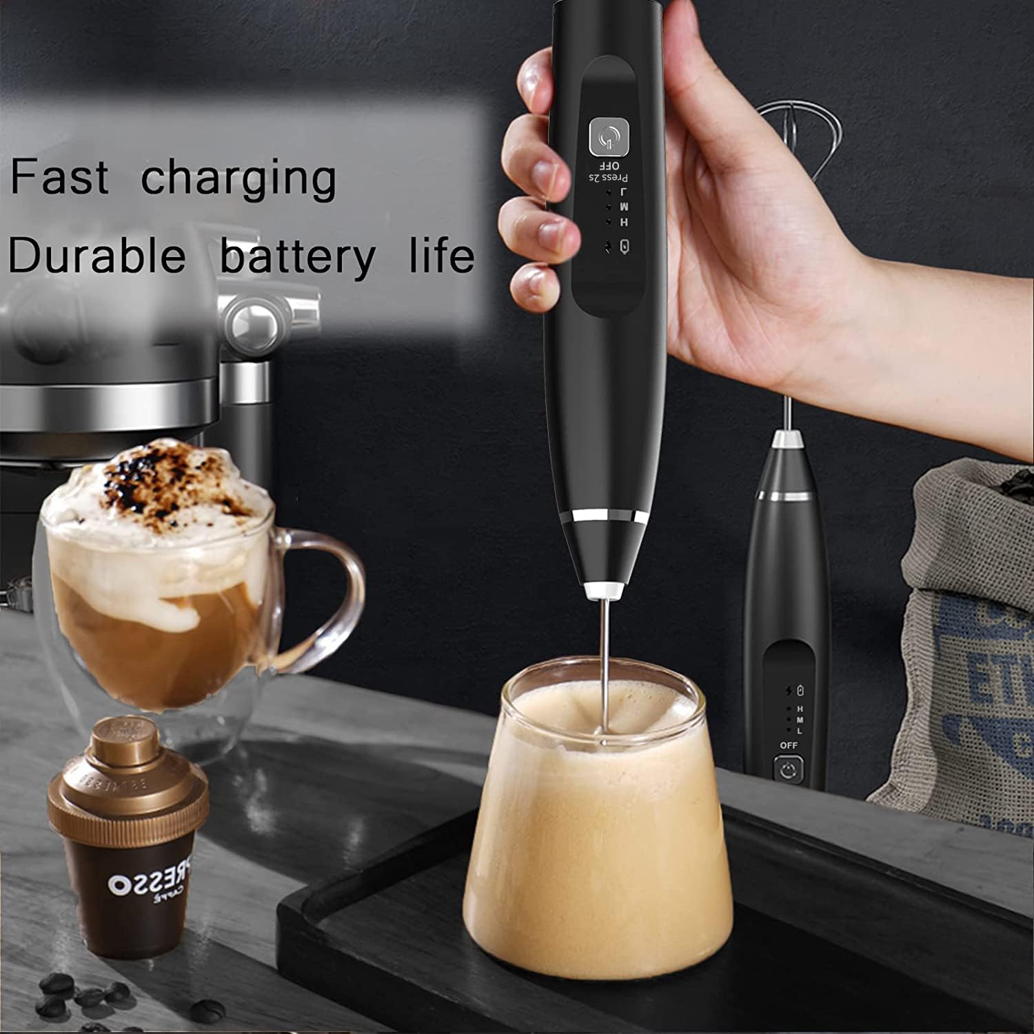 Milk Frother Handheld Rechargeable Frother for Coffee Milk Foamer with Stainless Steel Whisk and Hook, Electric Whisk Drink Mixer for Coffee, Frappe, Lattes, Cappuccino and Hot Chocolate Eggs