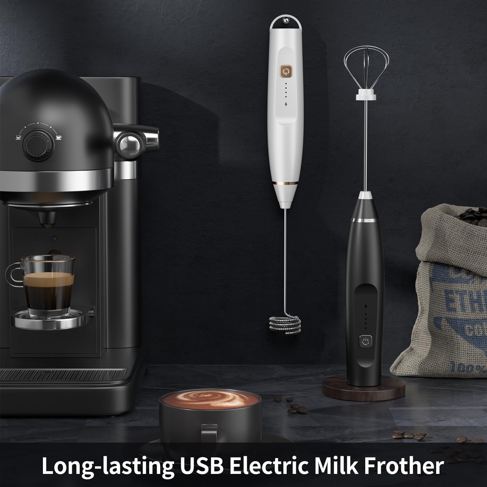 Milk Frother Handheld Rechargeable Frother for Coffee Milk Foamer with Stainless Steel Whisk and Hook, Electric Whisk Drink Mixer for Coffee, Frappe, Lattes, Cappuccino and Hot Chocolate Eggs