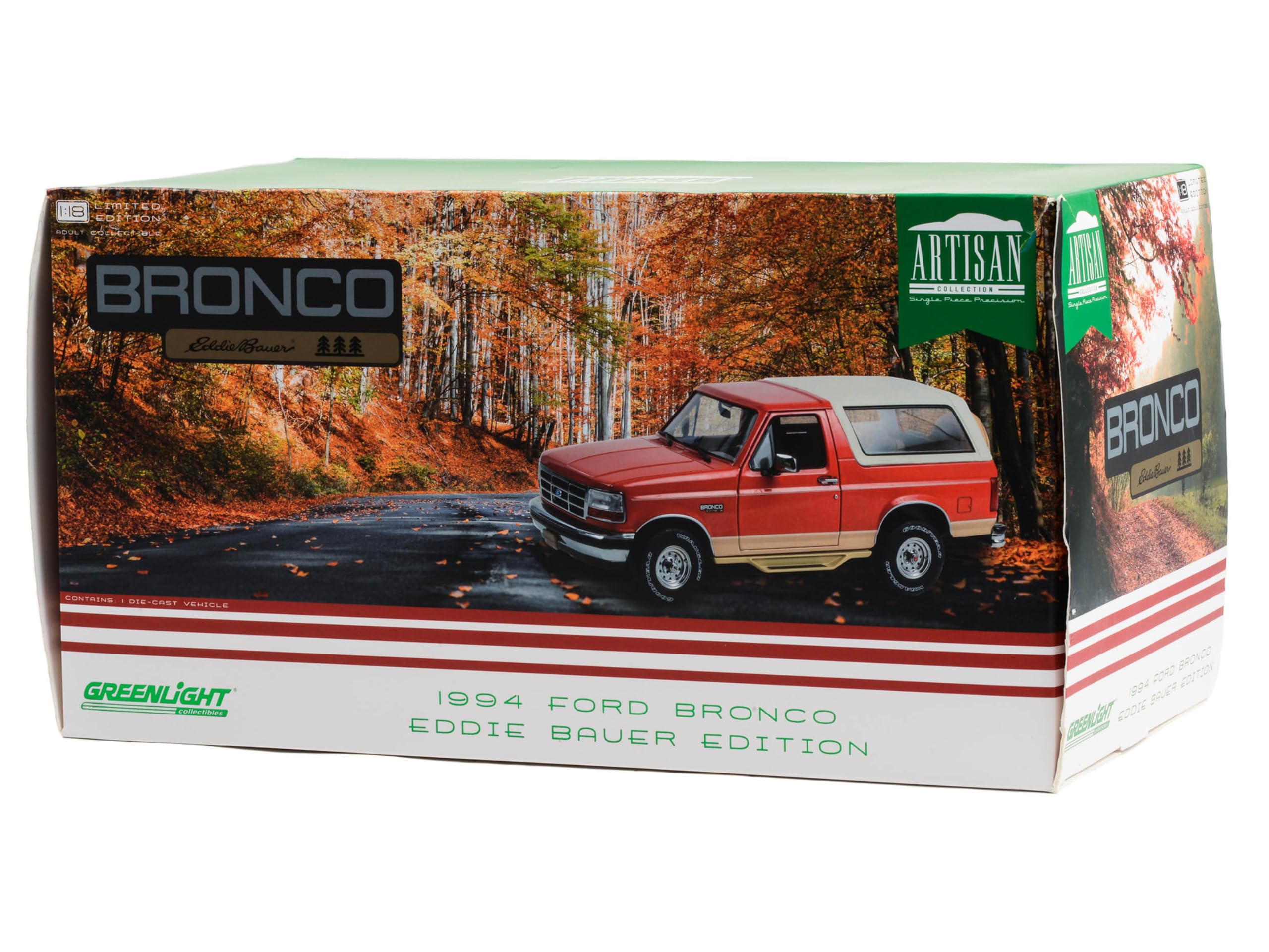 Greenlight 1994 Bronco Eddie Bauer Edition Electric Red Metallic and Tucson Bronze with White Top Artisan Collection 1/18 Diecast Model Car 19135