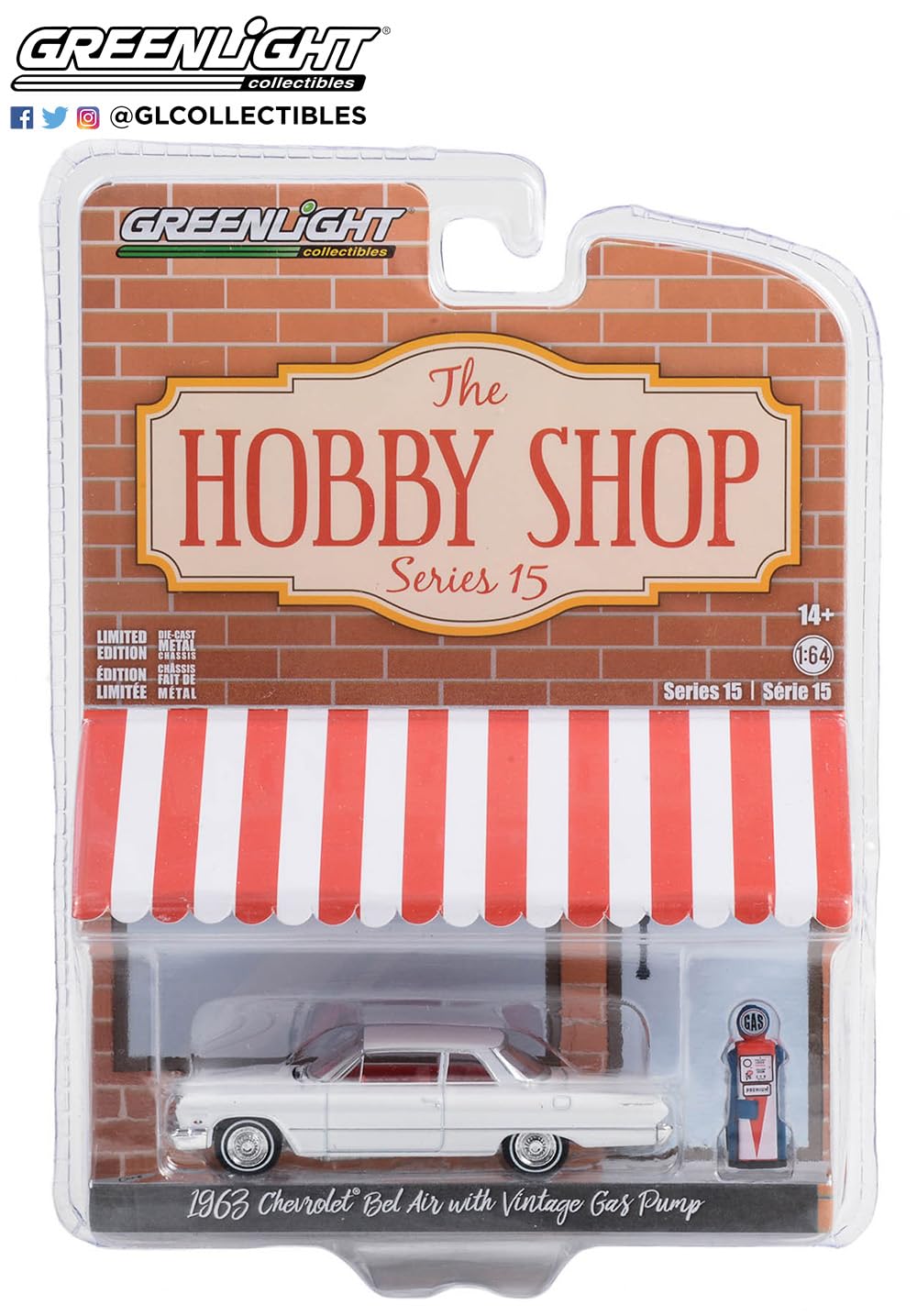 Greenlight 97150-A The Hobby Shop Series 15-1963 Chevy Bel Air with Vintage Gas Pump 1/64 Scale