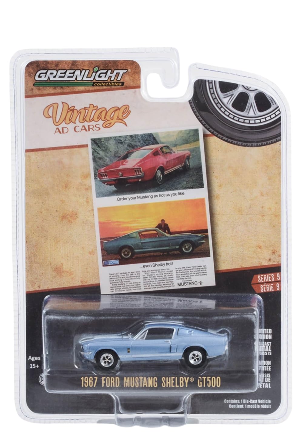 Greenlight 39130-C Vintage Ad Cars Series 9-1967 Shelby GT500 “Order Your Mustang As Hot As You Like…Even Shelby Hot!” 1/64 Scale