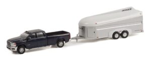 greenlight 32240-d hitch & tow series 24 - 2021 ram 3500 laramie crew cab in maximum steel metallic clear with aerovault mkii trailer in white and bare aluminum 1/64 scale