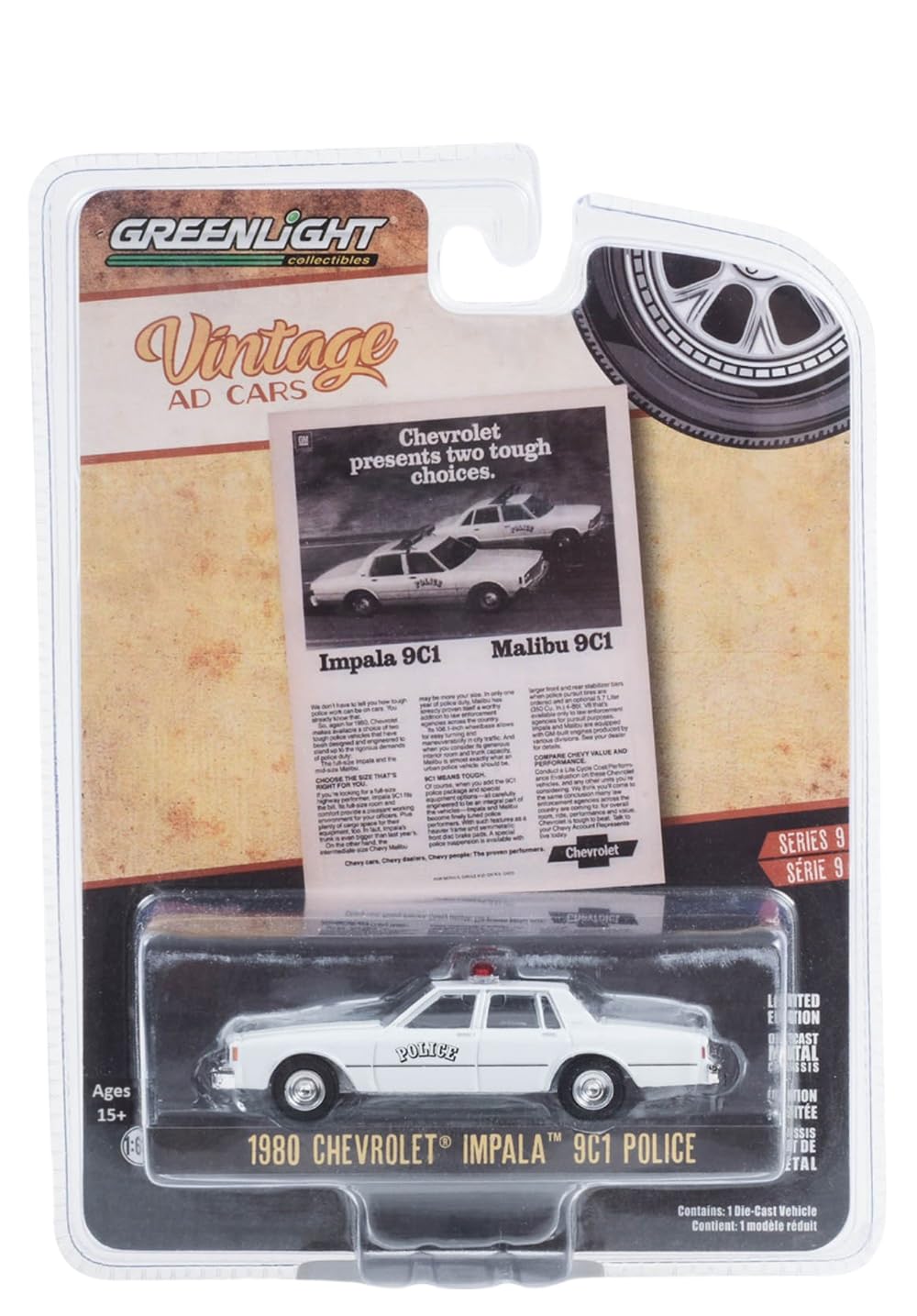 Greenlight 39130-E Vintage Ad Cars Series 9-1980 Chevy Impala 9C1 Police “Chevrolet Presents Two Tough Choices” 1/64 Scale