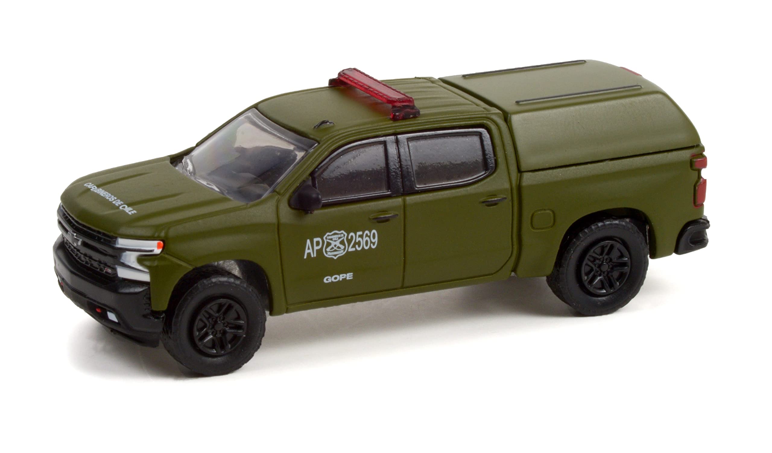 Greenlight 30318 2021 Chevy Silverado LT Trail Boss Z71 Police with Camper Shell - Carabineros de Chile - Grupo de Operaciones Policiales Especiales (GOPE) (Hobby Exclusive) 1/64 Scale Diecast