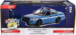 2001 crown victoria police interceptor blue metallic seattle police - seattle, washington hot pursuit series 1/24 diecast model car by greenlight gl85571