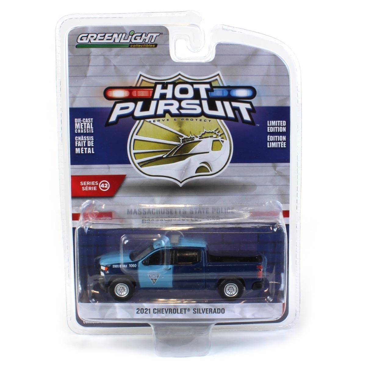 Greenlight Collectibles 1/64 2021 Chevrolet Silverado, Massachusetts State Police, Hot Pursuit Series 42 43000-E