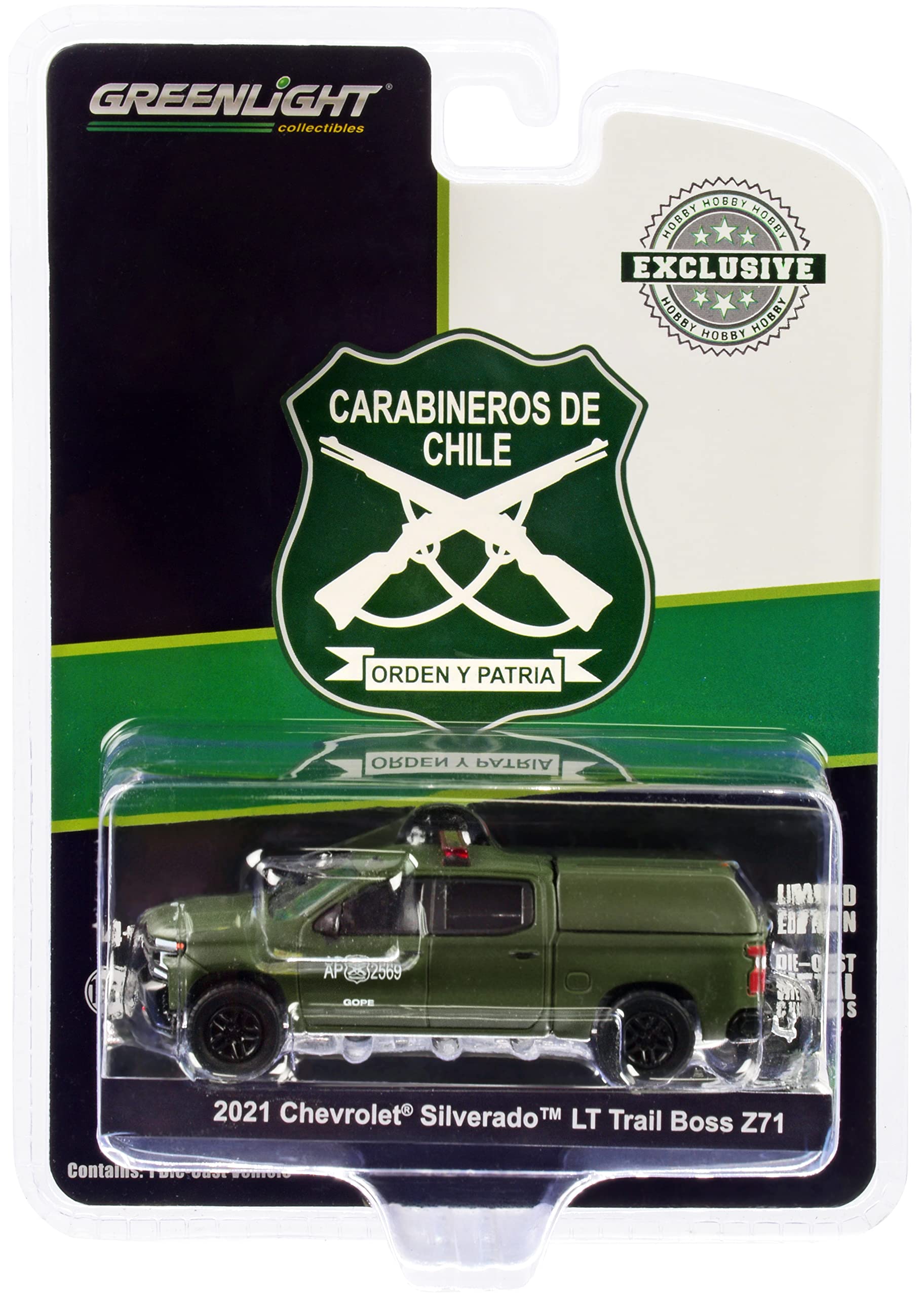 2021 Chevy Silverado LT Trail Boss Z71 Pickup Truck w/Camper Shell Matt Green Carabineros de Chile 1/64 Diecast Model Car by Greenlight