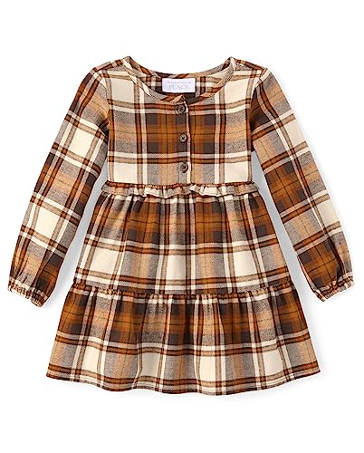 The Children's Place Baby Girls' Plaid Flannel Woven Tiered Dress, HAY STACK, 12-18 Months