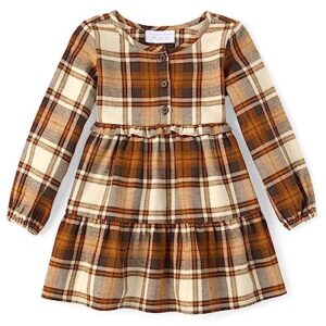 The Children's Place Baby Girls' Plaid Flannel Woven Tiered Dress, HAY STACK, 12-18 Months